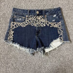 American Eagle Shorts Womens 2 Hi-Rise Festival Lace Denim Distressed Mini